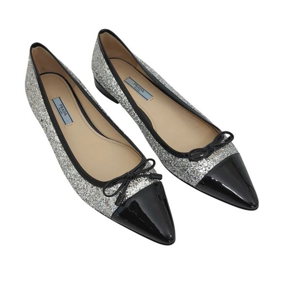 Prada Glitter Ballerina Flats Pointed Cap Toe Silver/Black Shoes 38.5 (US 8.5) - Picture 1 of 15